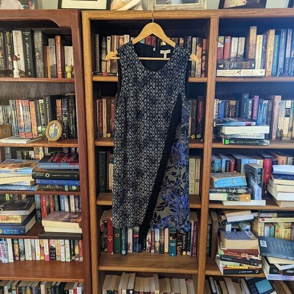 𝅺rebecca Taylor blue/black silk floral geometric pattern fringe dress sz 12 euc - Picture 1 of 4